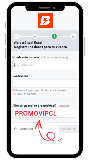 Pantallazo de formulario de registro en Betano indicando donde ingresar el código promocional Betano "PROMOVIPCL".